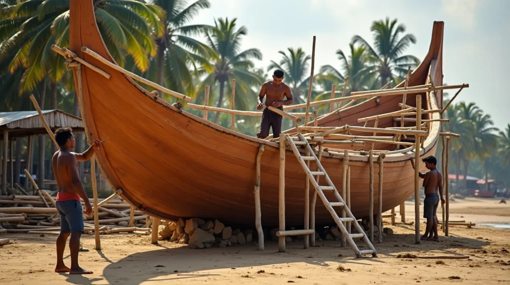 Bugis-Konjo boat builders shaping a wooden phinisi hull on the Bulukumba beach