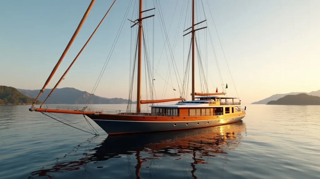Completed luxury phinisi yacht from the Bulukumba boatyard at anchor in Indonesian waters