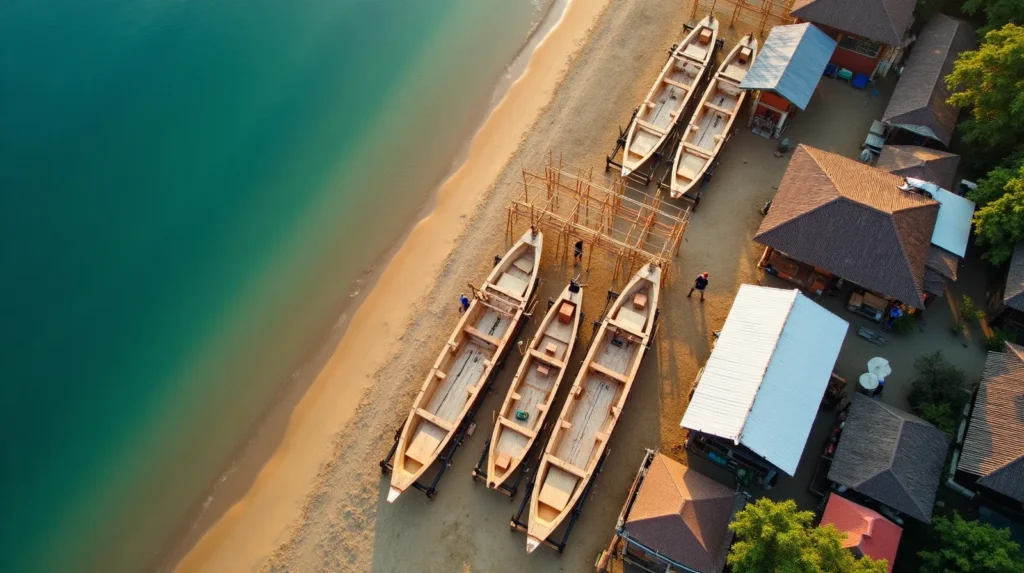 Aerial view of phinisi hulls under construction on the Bulukumba coast, South Sulawesi