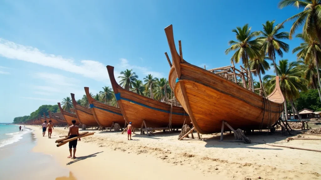 Row of phinisi hulls under construction at the Tana Beru shipyard beach, Bulukumba